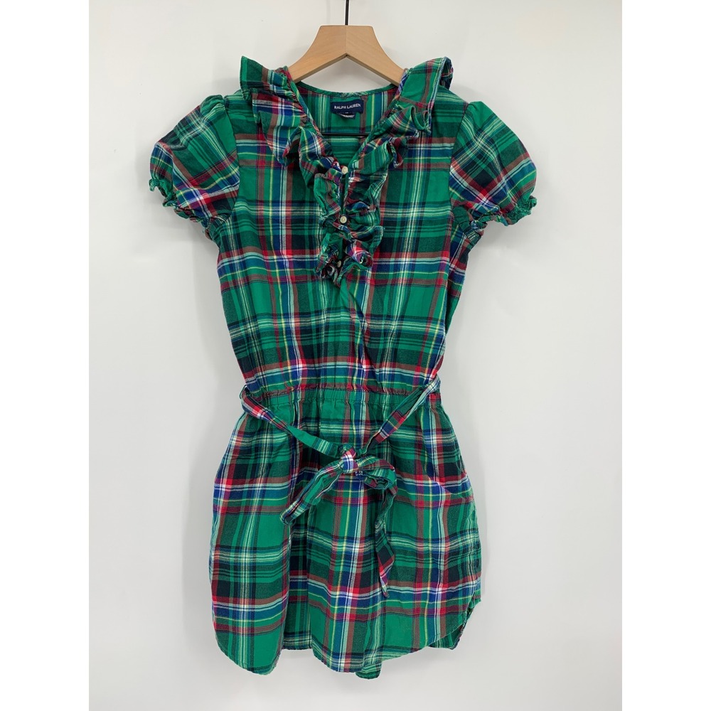Ralph Lauren Dress Girls 16 Green Red Plaid Ruffle Belted Preppy School Holiday